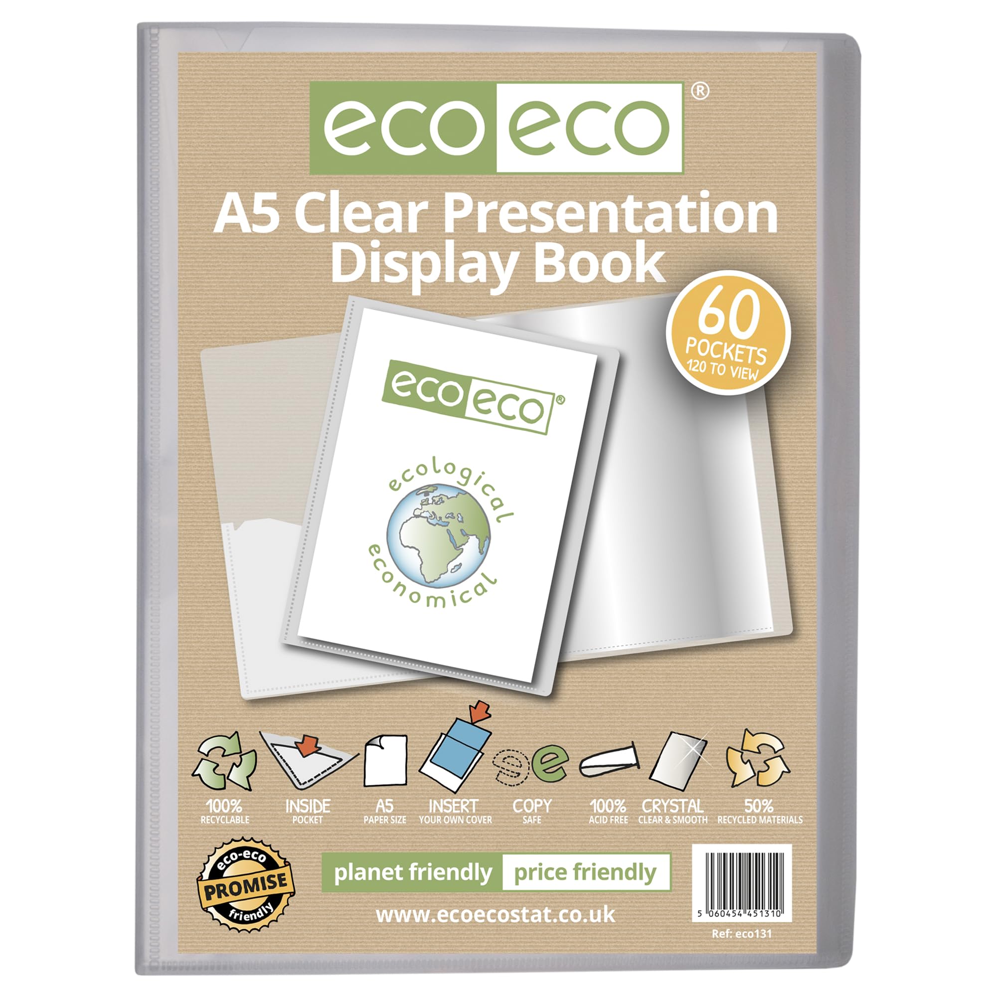 eco-eco A5 Size 50 Percent Recycled 60 Pocket Clear Presentation Display Book, Storage Case Portfolio Art Folder with Plastic Sleeves, eco131
