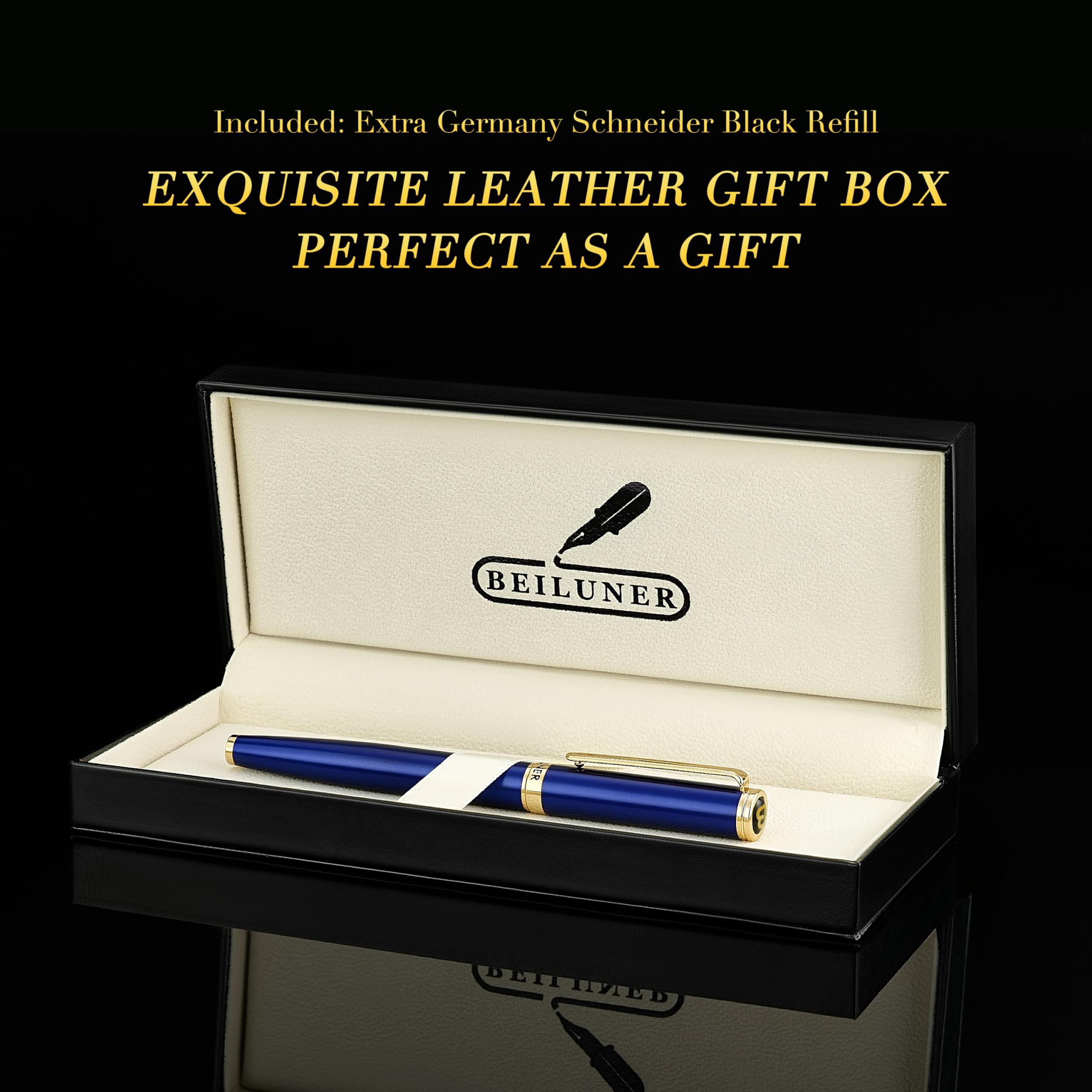 BEILUNER Hochwertiger Tintenroller mit Echtvergoldung - Professioneller Kugelschreiber mit schwarzer Schneider 850 Mine - Geschenkbox - Luxus Schreibgerät für Business & Geschenkanlässe(Blau) 6