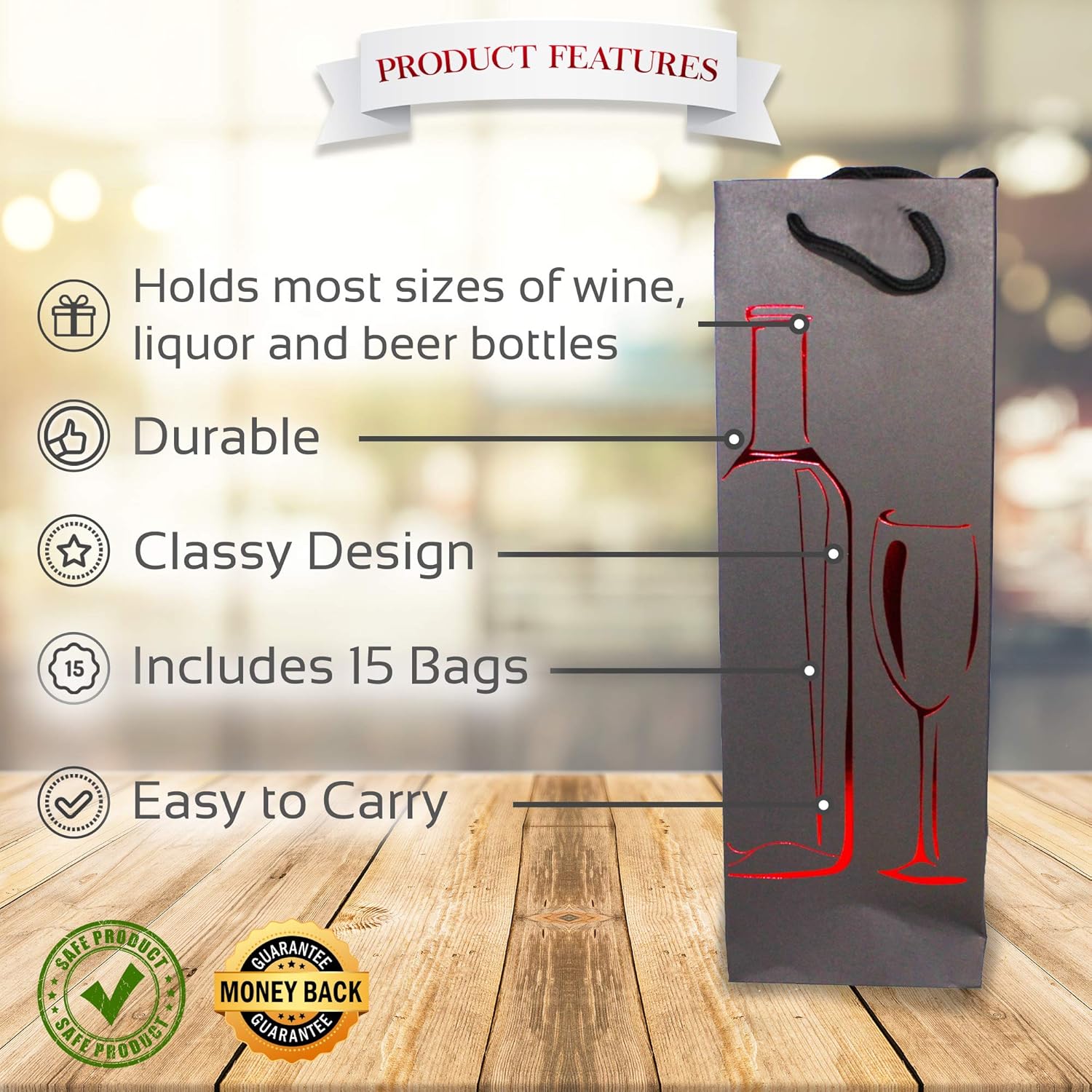 MATANA 15 Premium Wine Gift Bags - 4 Black Designs with Strong Rope Handles and Sturdy Paper - 39cm / 15" - Image 3
