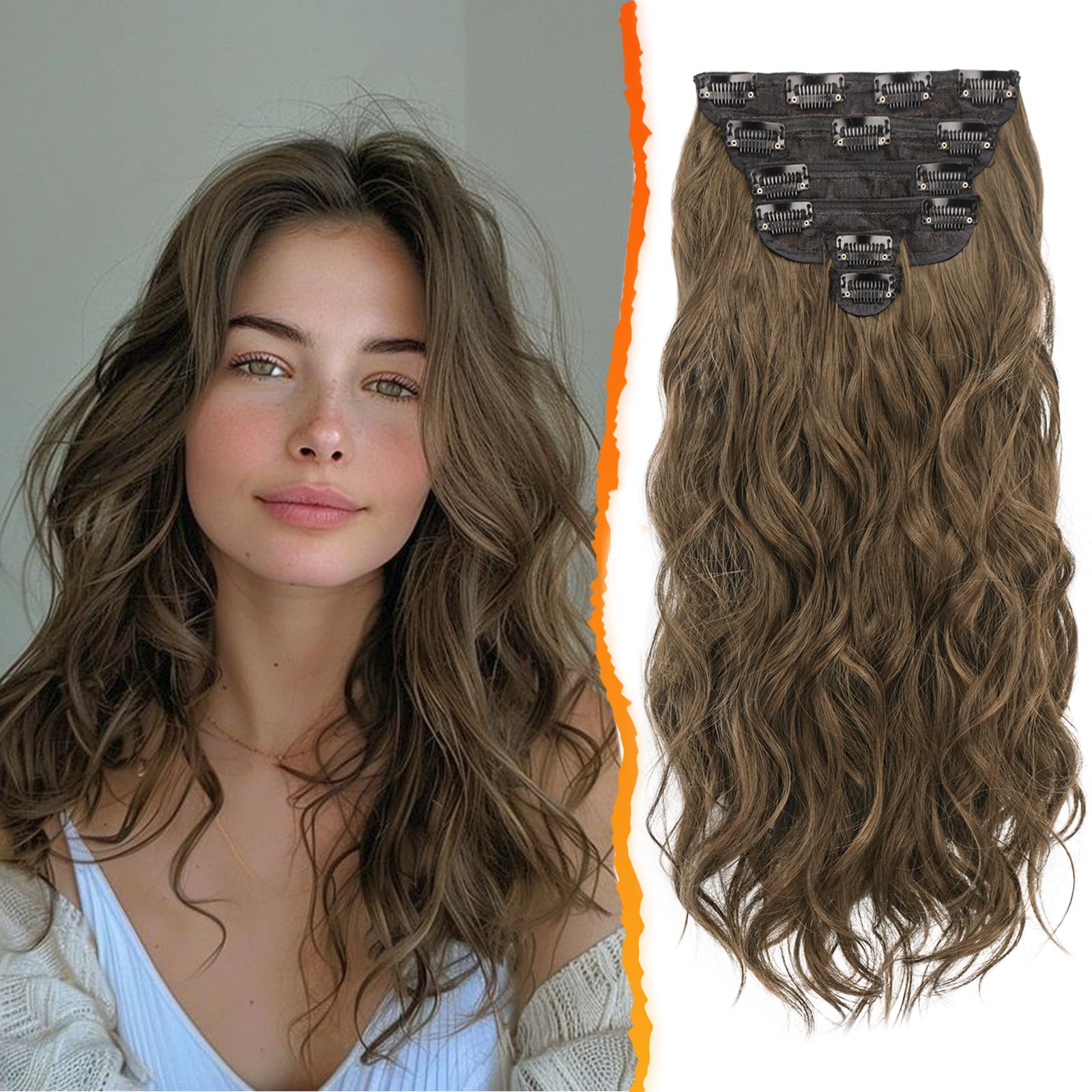 BARSDAR Clip in Hair Extensions for Women, 20 Inch Long Wavy Brown Hair Extensions Clip in 6PCs Full Head Thick Synthetic Clip in Hairpieces Daily Party Halloween- Chestnut & Chocolate Brown