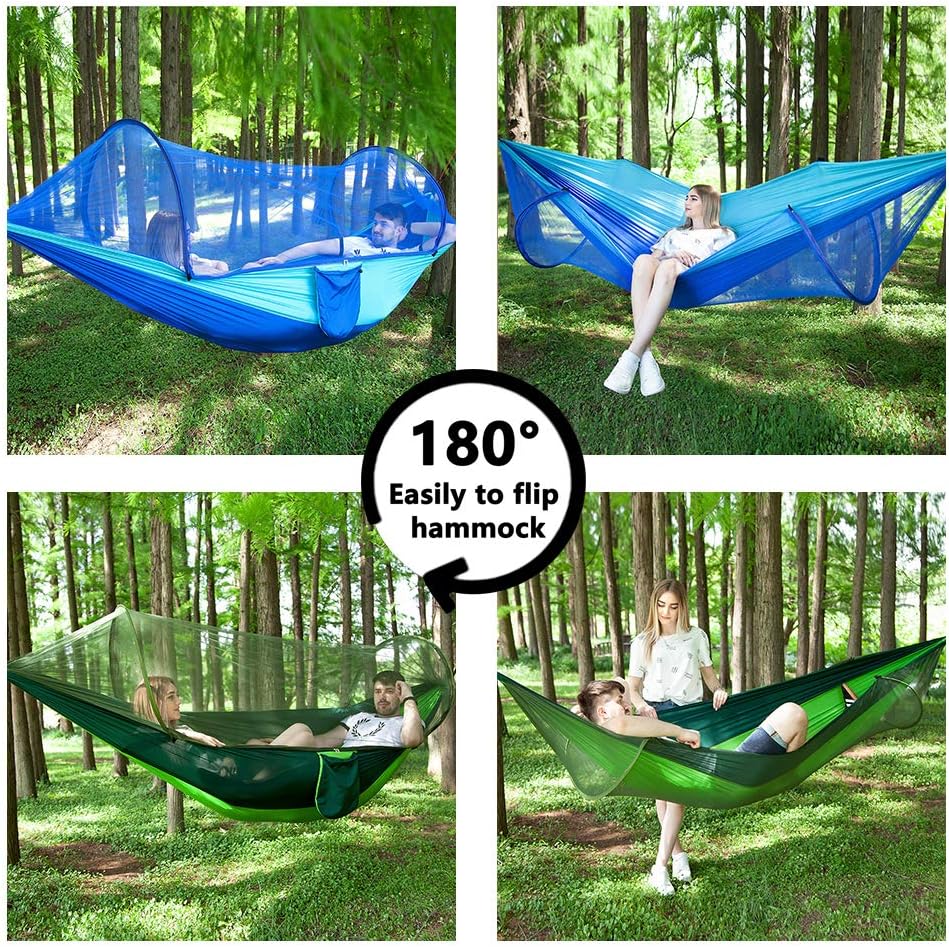 U/N Camping Hammock with Wide Lay Flat and Mosquito Net, Safe and Cozy, Durable Parachute Nylon Hanging Tent with Tree Straps, Portable Hammock for Outdoor, Indoor, Blue/Green: Sports & Outdoors
