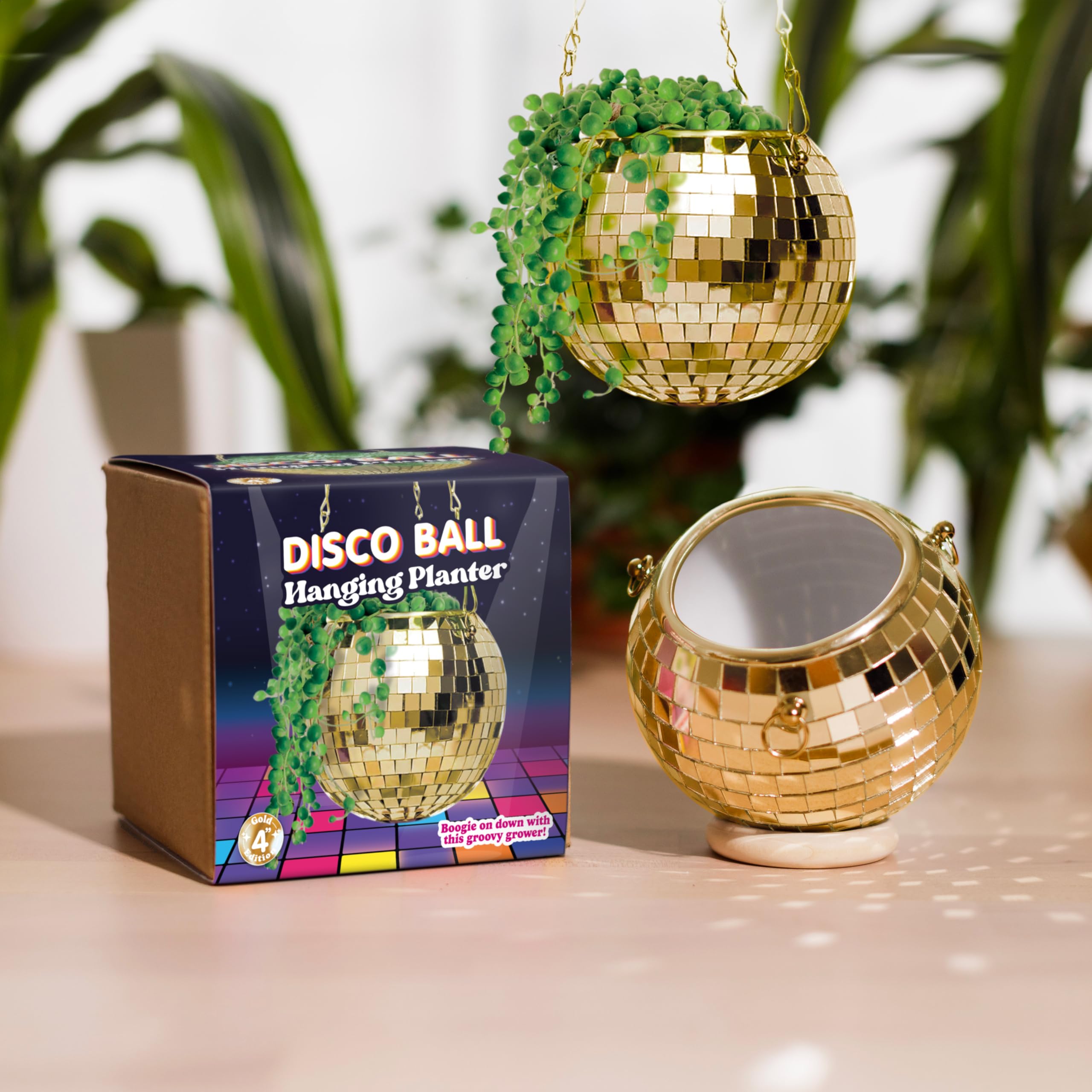 Bubblegum Stuff - Gold Disco Ball Hanging Planter - Hanging Basket For Indoor Plants, Gold Chain and Rim, Herb Planter, Boho Room Decor 4 inch
