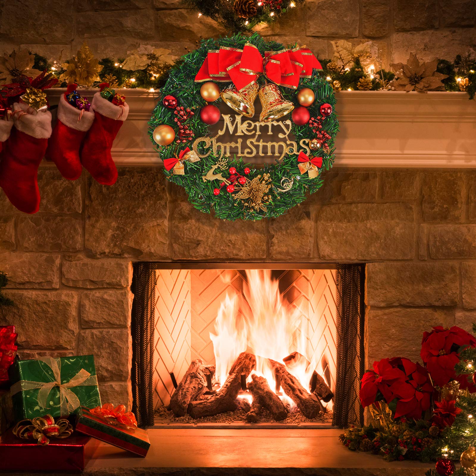 Voilamart Christmas Wreath 30CM/12Inch Artificial Garland with Bells Baubles and Red Bowknot Xmas Decorations for Fireplaces Stairs Wall Door