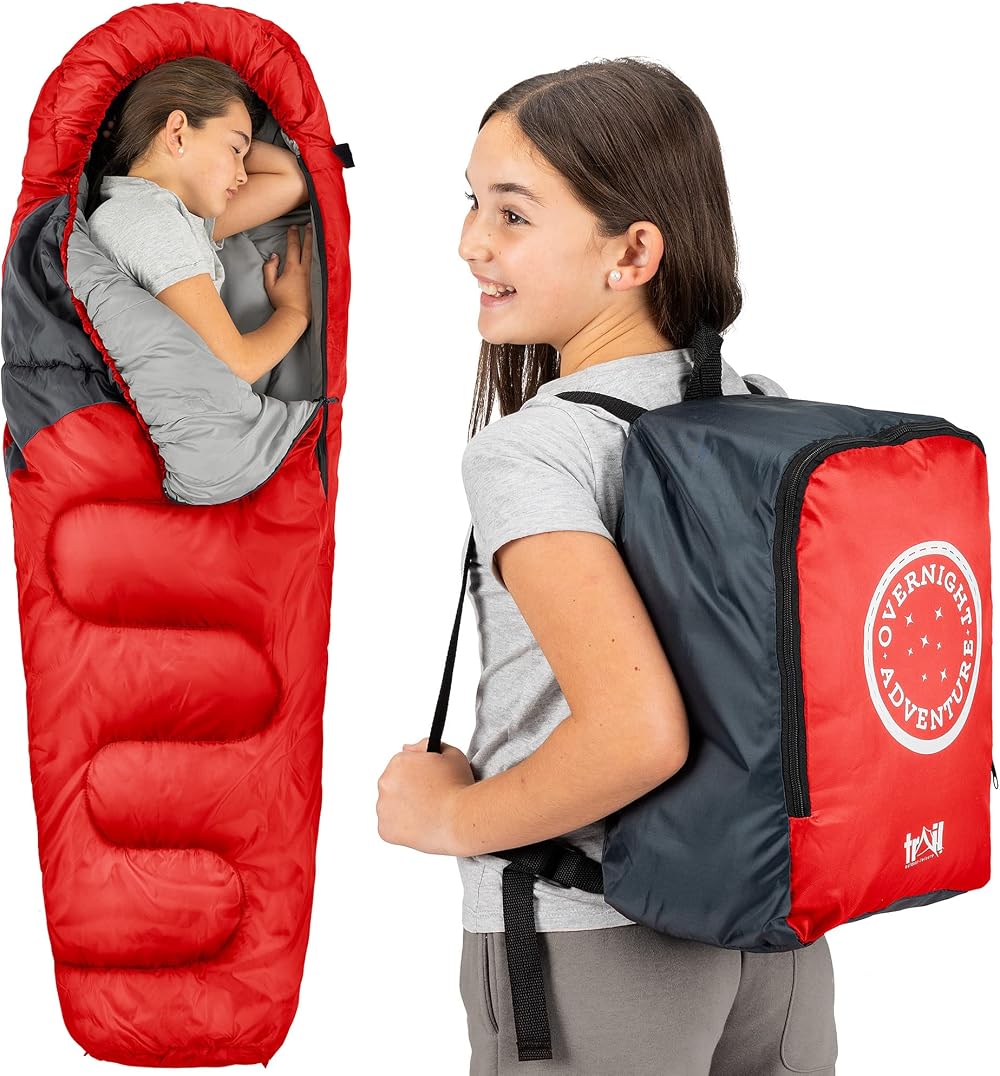 Trail Outdoor Sleeping Bag Kids Mummy 3 Season with Rucksack Red