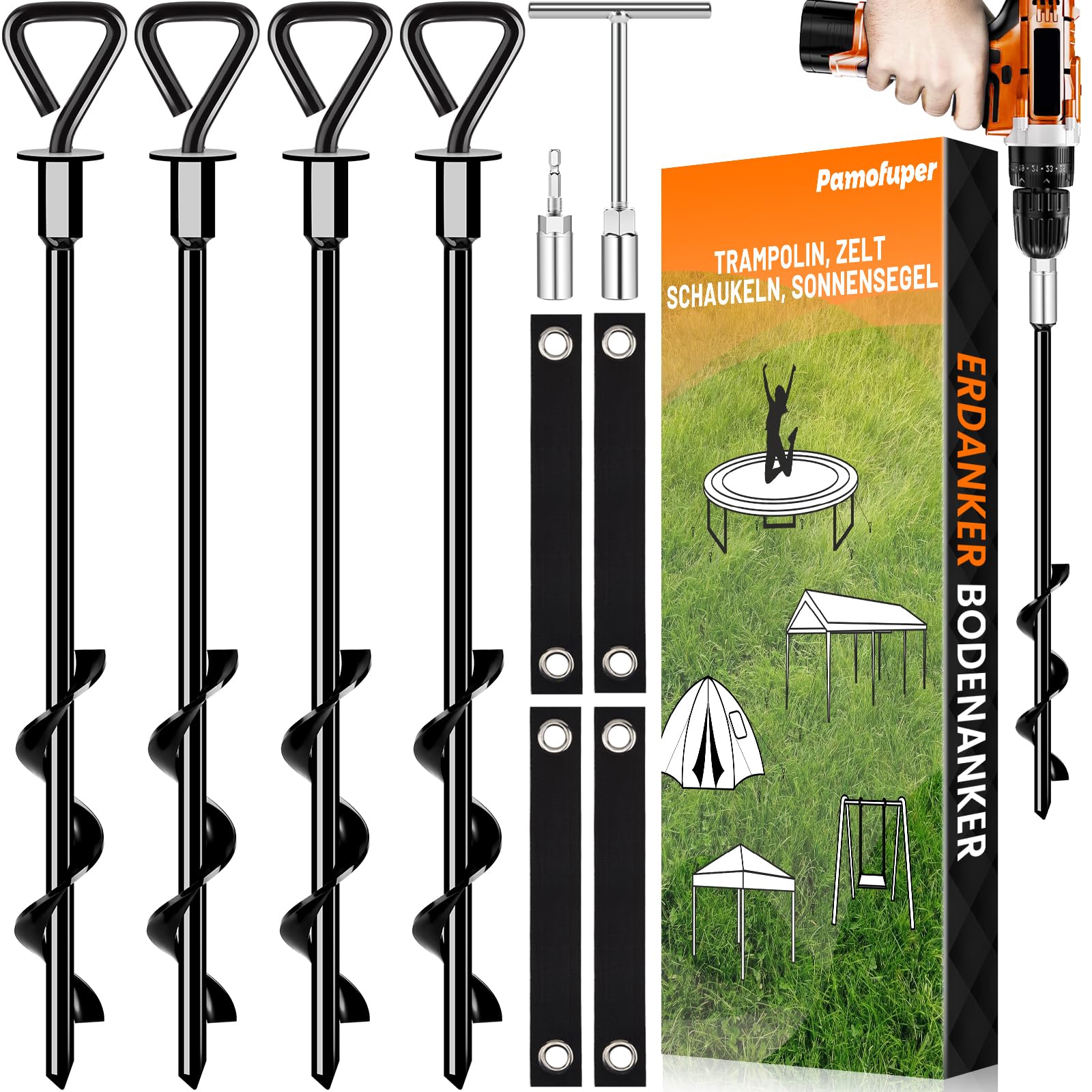 Trampoline Anchor Kit Ground Anchors Screw in Tent Pegs Heavy Duty for High Winds, Trampoline Anchors with Straps, Canopies, Carports, Sheds, Swing Sets,Mobile Home 14in Ground Anchors (4)