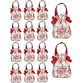 Liobelon 12 Pieces Floral Small Gift Bags With Handle Canvas Candy Bag Jewelry Gift Bags With Drawstring Reusable Goodie Bags for Christmas Birthday Wedding Baby Shower (Red)