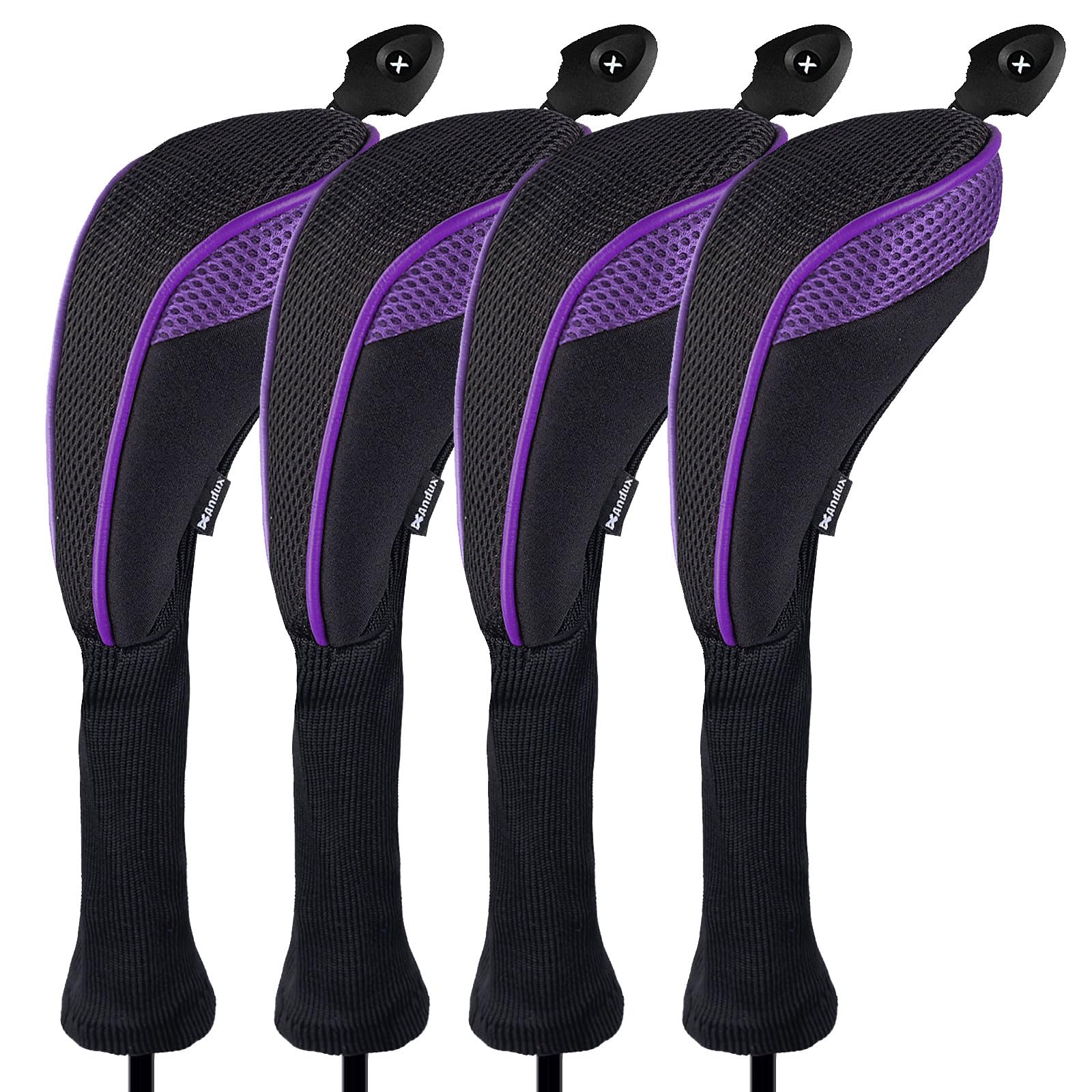 Andux Long Neck Golf Hybrid Club Head Covers with Dial No. Tag CTMT-01 (Black/Purple,4pcs)
