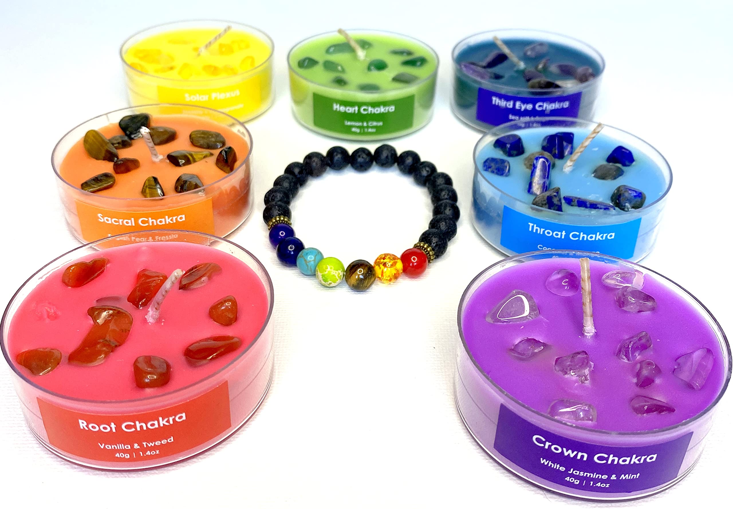Serenity Crystals Chakra Candle Set - Beautifully Crafted Crystal Infused Candles for Meditation, Healing and Wellness a Suitable Gift for Chakra Spiritual Yoga Meditation, Includes Bracelet