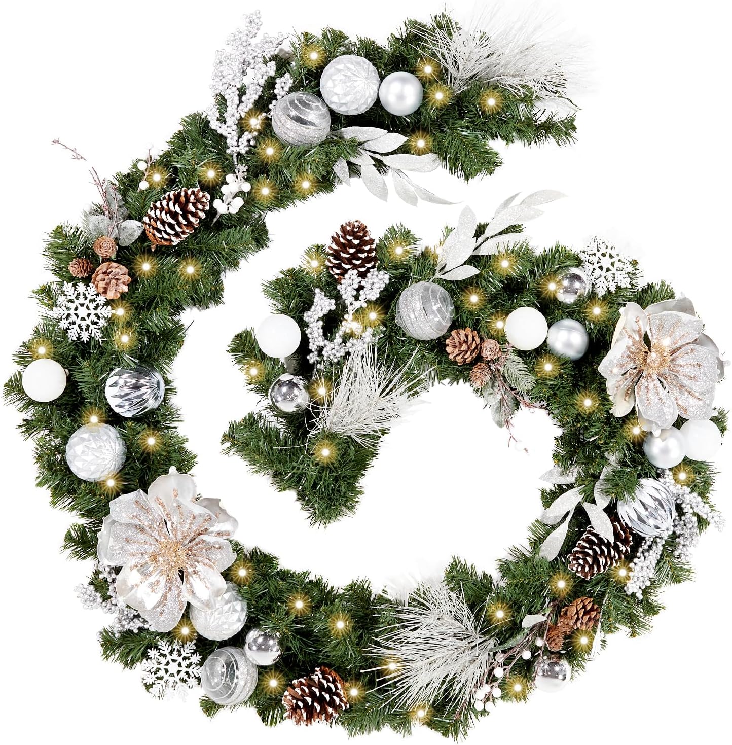 Wreaths, Garlands & Swags - WBHome Pre-lit 9 Feet/108 Inch Christmas Garland, White & Silver Lighted Garland with 50 LED Lights for Indoor Outdoor Xmas Decor Holiday Decorations, Battery Operated (Batteries NOT Included)