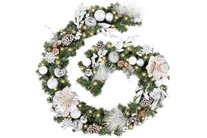 WBHome Pre-lit 9 Feet/108 Inch Christmas Garland, White & Silver Lighted Garland with 50 LED Lights for Indoor Outdoor Xmas Decor Holiday Decorations, Battery Operated (Batteries NOT Included)