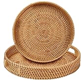 Whalehub Round Rattan Serving Tray with Handles,2 Hand Woven Basket, Home Decor Organizer Tray for Breakfast, Tea, Snack, Fruit, Coffee, Storage (Large + Medium)(14.17inchX2.3inch+11.9inchX1.7inch