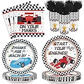 XIENBLOC 120pcs Racing Car Party Plates Napkins Checked Race Car Birthday Supplies Boys Kids Disposable Tableware Set Paper Cups Forks for Race Car Theme Party Decorations,24 Guests