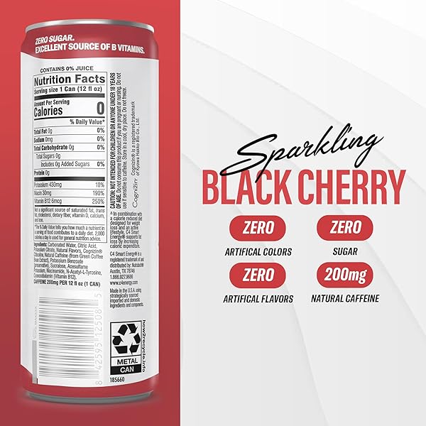 C4 SMART ENERGY DRINK – BOOST FOCUS AND ENERGY WITH ZERO SUGAR, NATURAL ENERGY, AND NOOTROPICS – 200MG CAFFEINE – BLACK CHERRY (12OZ PACK OF 12)