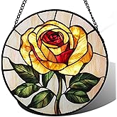 AMDERVEN Stained Glass Window Hanging - Elegant Yellow Rose Flower Sun Catcher for Door Garden Home Decor Suncatcher Christmas Mother's Day Birthday Gifts for Women Mom Girl Nana Friend 6.3 in
