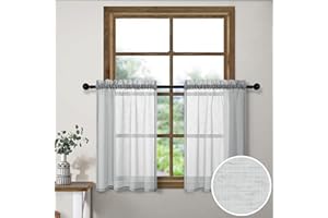 PITALK Light Grey Short Curtains 30 Inch Length for Basement Windows Small 2 Panel Rod Faux Linen Cafe Curtain Tiers Privacy Semi Sheer RV Camper Curtain for Bathroom Kitchen 30 by 30 Inches Long Silver Gray