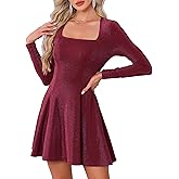 Allegra K Glitter Party Dress for Women Sparkling Square Neck Long Sleeve Cocktail Mini Dress A-Line Evening Clubwear