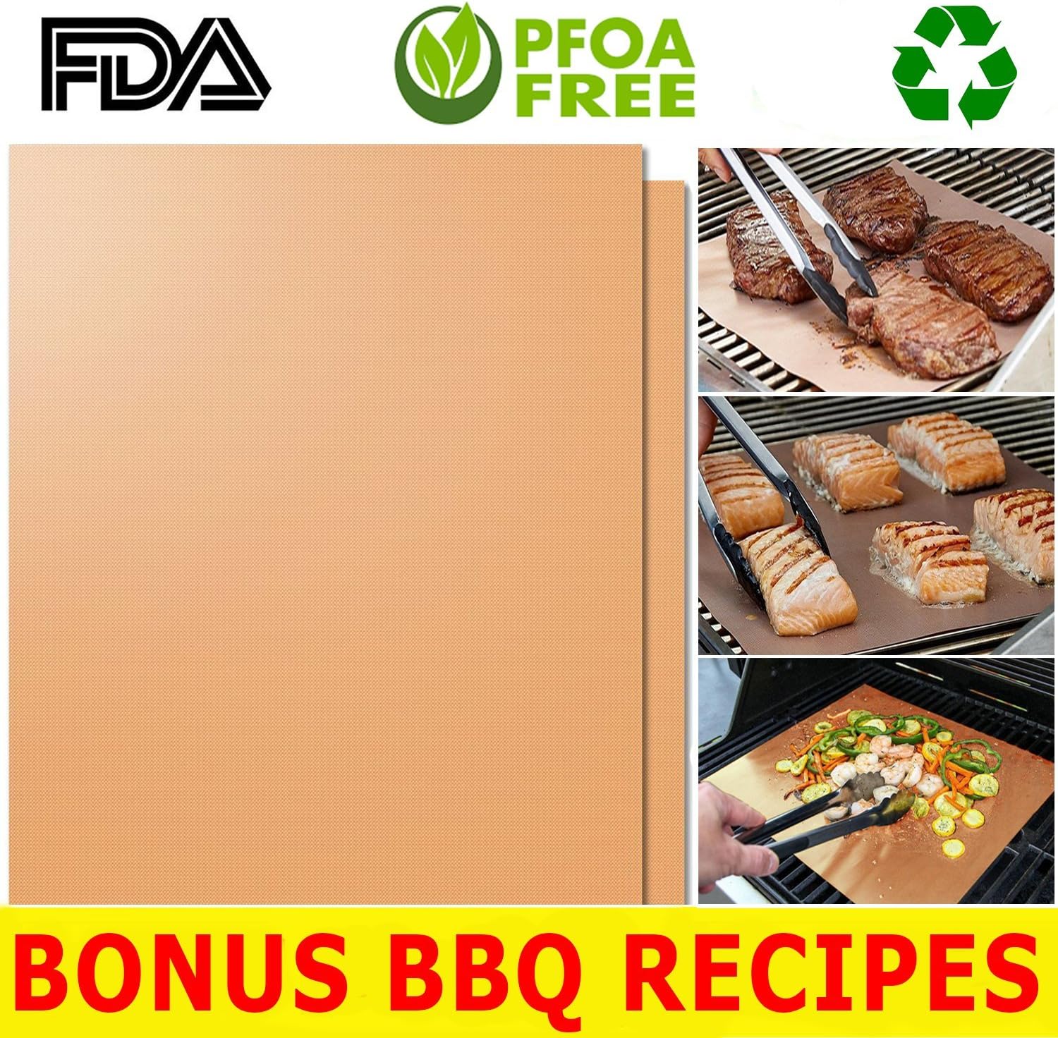 HQS Copper Grill Mat Set of 2 - Non-stick BBQ Grilling & Baking Sheets- Golden Grill Mats Reusable & Easy to Clean - For Charcoal, Electric and Gas Grills, As Seen On TV + FREE BBQ/Grill Recipes