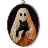 NQDWX Ghost Black Cat Oval Wall Art, Vintage Spooky Decor | Ghost holding a black cat in warm orange and cream tones, oval framed style for bedroom, hallway and spooky wall decor.