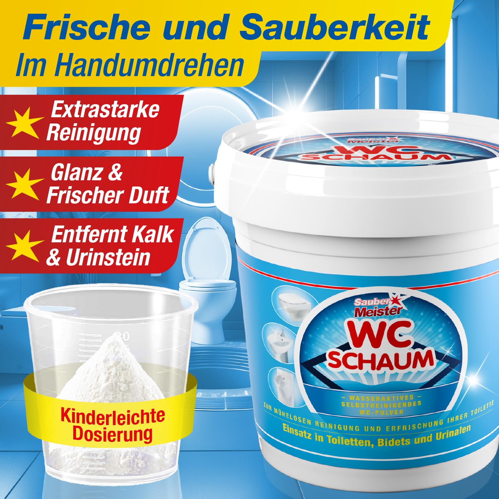 SAUBER MEISTER WC SCHAUMREINIGER PULVER – Extra starker WC Schaum für gründliche Sauberkeit – Kraftvoller WC-Reiniger gegen Kalk & Urinstein – Selbstreinigende Pulverform – 1000 g 2