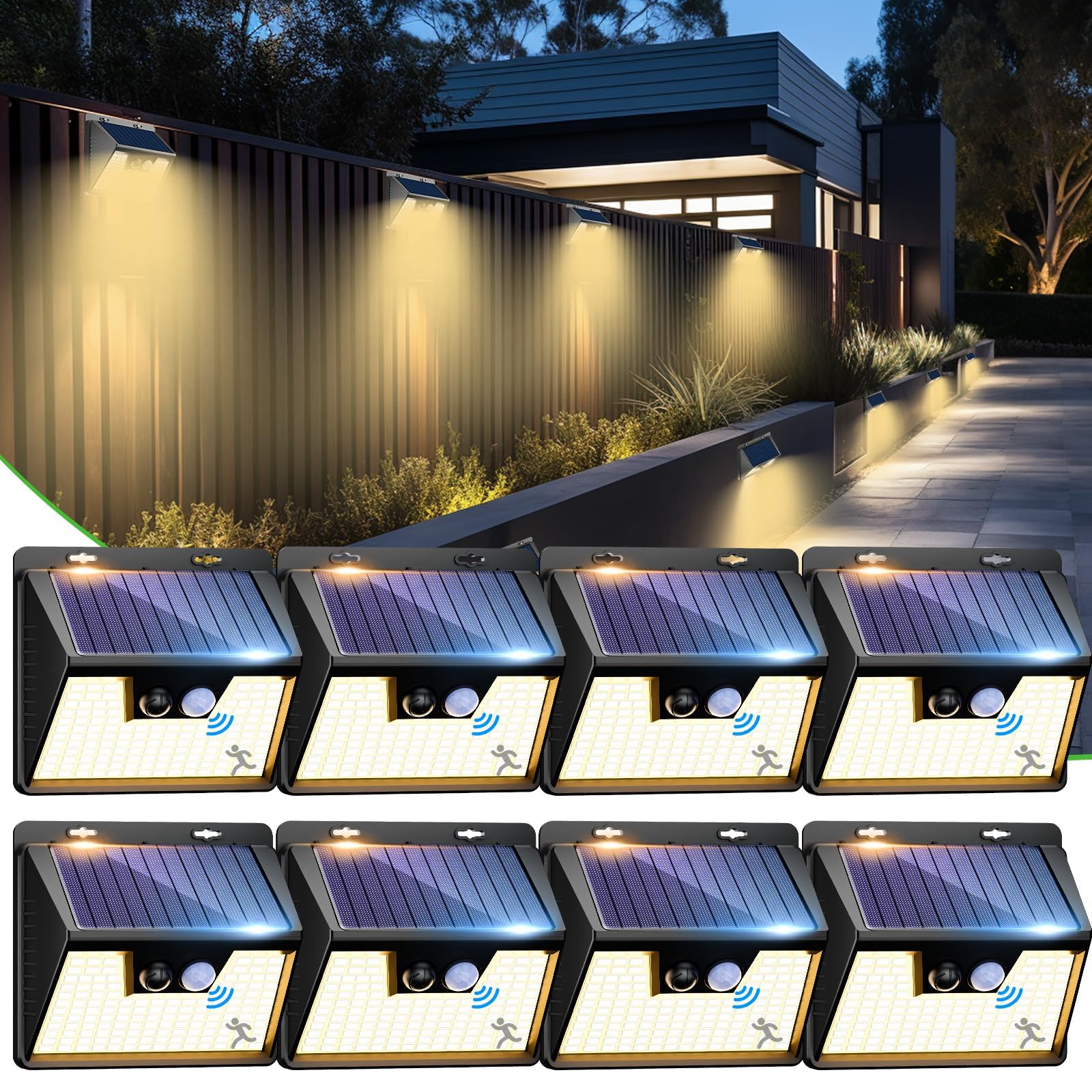 nipify Solar Lights Outdoor Motion Sensor, 8 Pack 140LED 3 Modes IP65 Waterproof Durable Solar Powered Wall Lights for Outside Garden Fence Yard Garage, Warm White