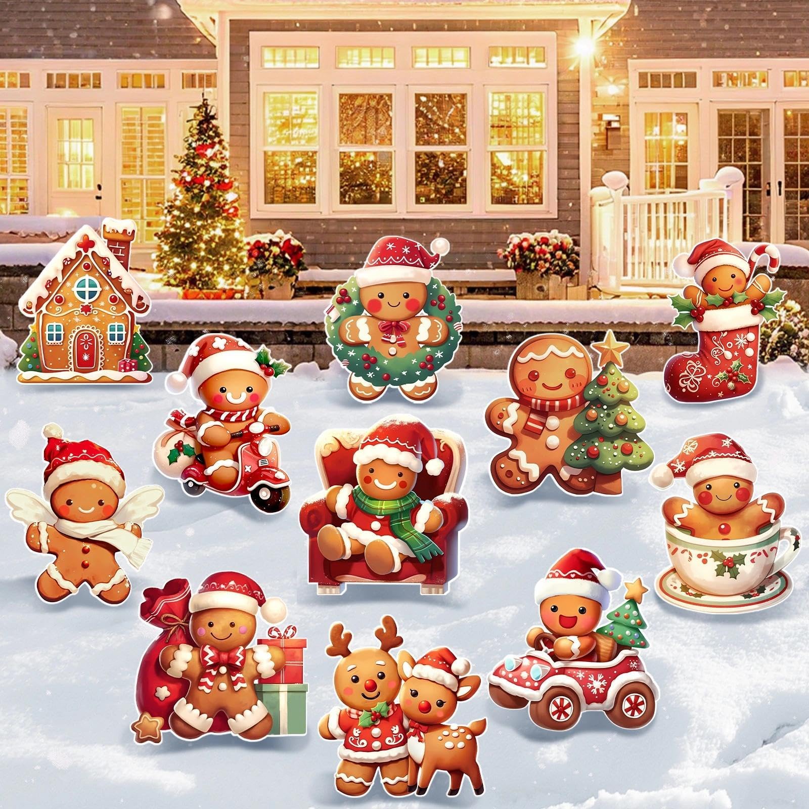 Photo 1 of 11 Pcs Christmas Yard Signs with Stakes Gingerbread Christmas Decorations for Outdoor Xmas Yard Decor Lawn Garden Party Supplies