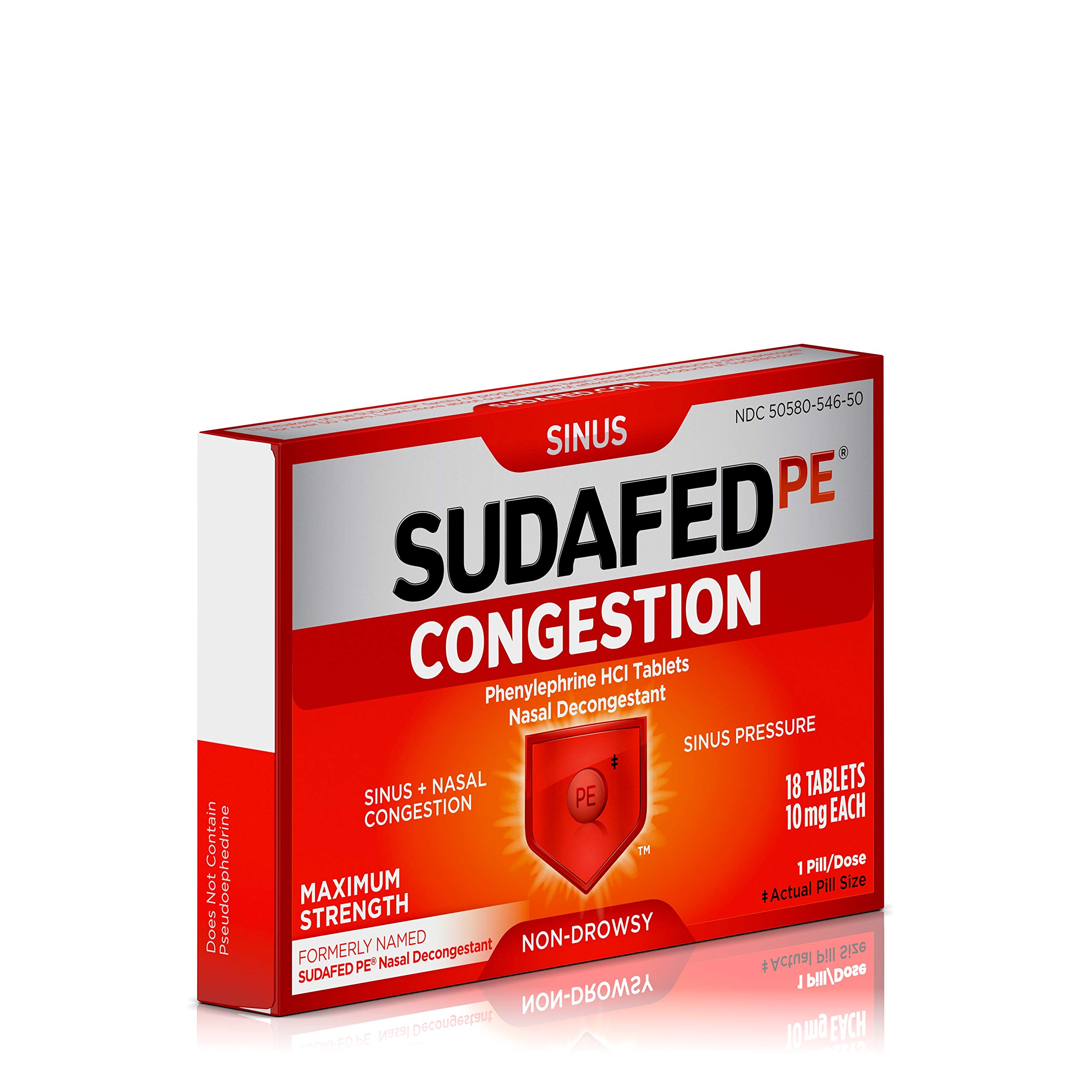 Sudafed PE Congestion and Sinus Pressure Relief Tablets, Non-Drowsy Maximum Strength Nasal Decongestant with Phenylephrine HCI, 18 ct (Pack of 2)