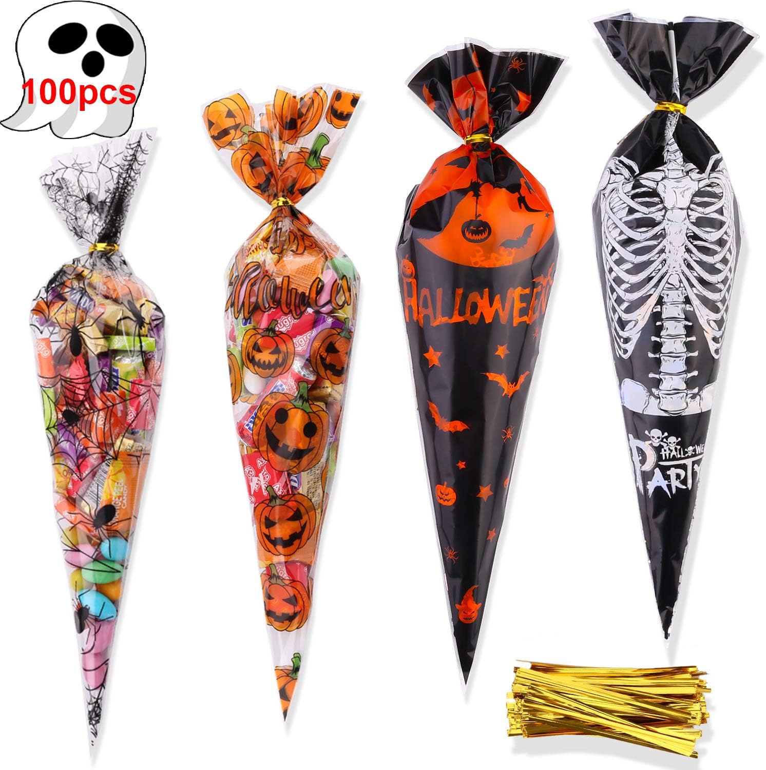 HOWAF 4 Style Halloween Cellophane Cone Gift Bags, 100pcs Halloween Candy Sweet Cookie Party
