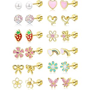 12Pairs 14K Gold Plated Hypoallergenic Flat Back Earrings for Women | Cute Trendy Screw Back Stud Earrings Surgical Steel Ear