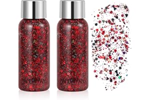 KIMIEYE Mermaid Sequins Body Glitter Gel Set of 2 Bottle, Long Lasting Holographic Glitter Liquid Body Makeup for Women, Waterproof Face Glitter Gel Total 9 Colors Available(#8 Black Red - (2 Bottle))