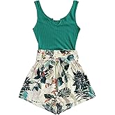 SHENHE Women's Summer Sleeveless Notched Neck Tropical Print Belted Shorts Tank Romper Jumpsuits
