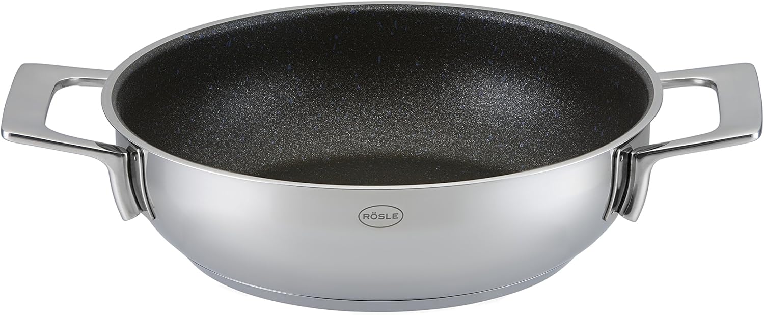 RÖSLE SILENCE Servierpfanne, Pfanne mit kratzfester Antihaftversiegelung ProResist, 24 cm, PFOA frei, Edelstahl 18/10, Spülmaschinengeeignet