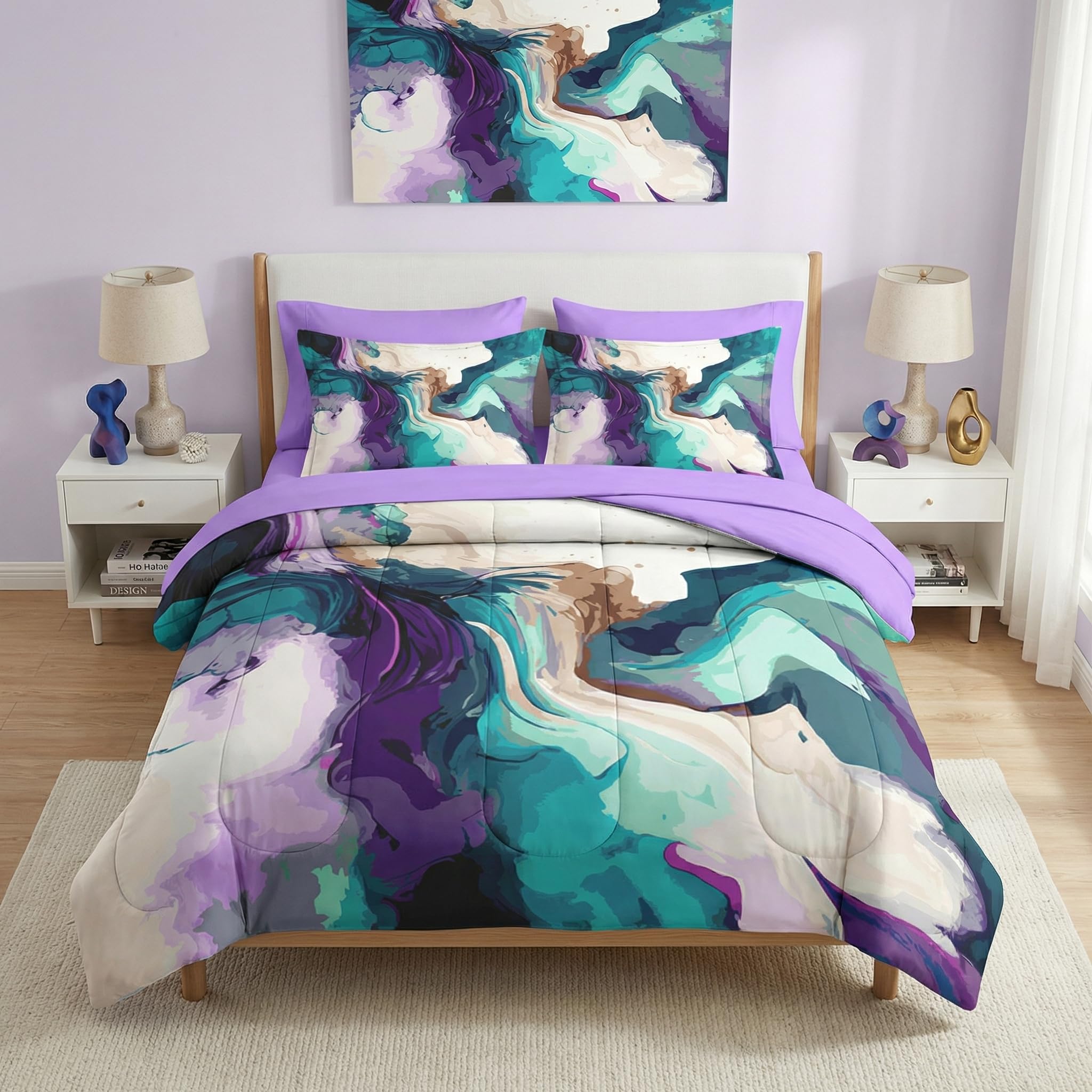 Photo 1 of Pamnest Comforter Set Twin Size, Marble Colorful Gold 5 Pcs Bedding for Kids and Adults, Blue Stone Multicolored Bed Sheet Sets with Fitted Sheet Pillowcase & Sham for Bedroom Bed Decor