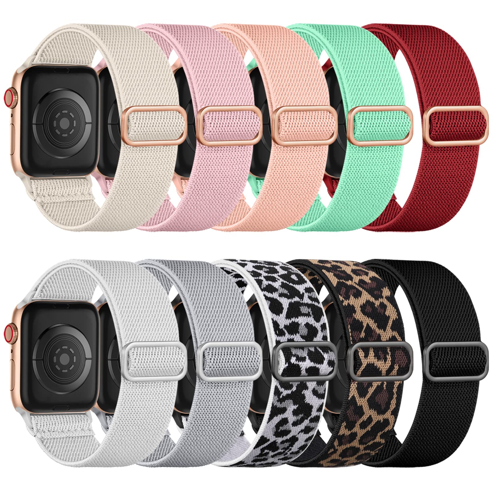 Maledan 10 Pack Elastic Nylon Bands Compatible with Apple Watch Band 38mm 40mm 41mm 42mm for Women Men, Soft Stretchy Braided Solo Loop Accessories for iWatch Ultra Series SE/11/10/9/8/7/6/5/4/3/2/1
