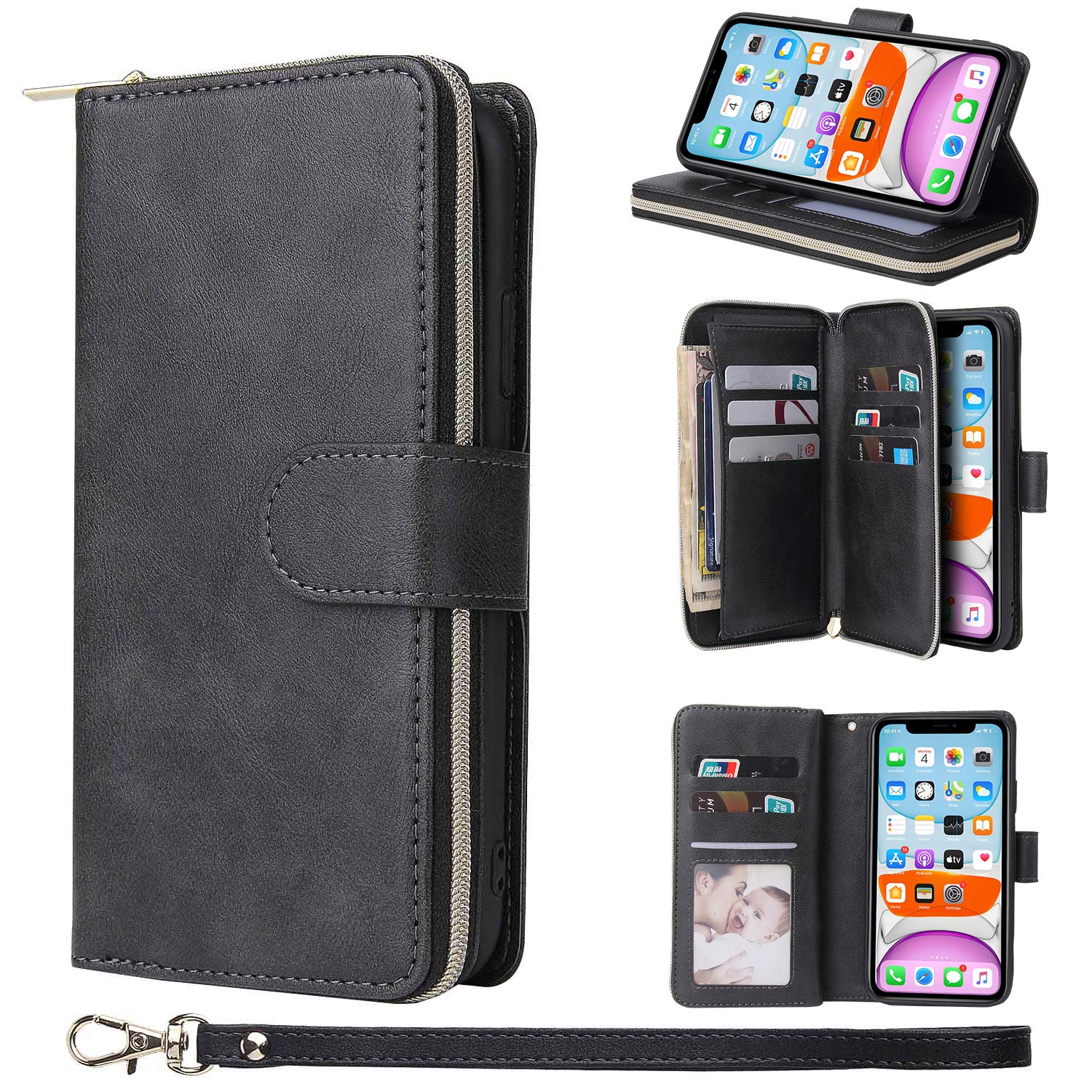 ZCDAYE Wallet Case for iPhone 11 Pro,Premium[Magnetic Closure][Zipper Pocket] Folio PU Leather Flip Case Cover with 9 Card Slots Kickstand for iPhone 11 Pro 5.8"-Black — image 1