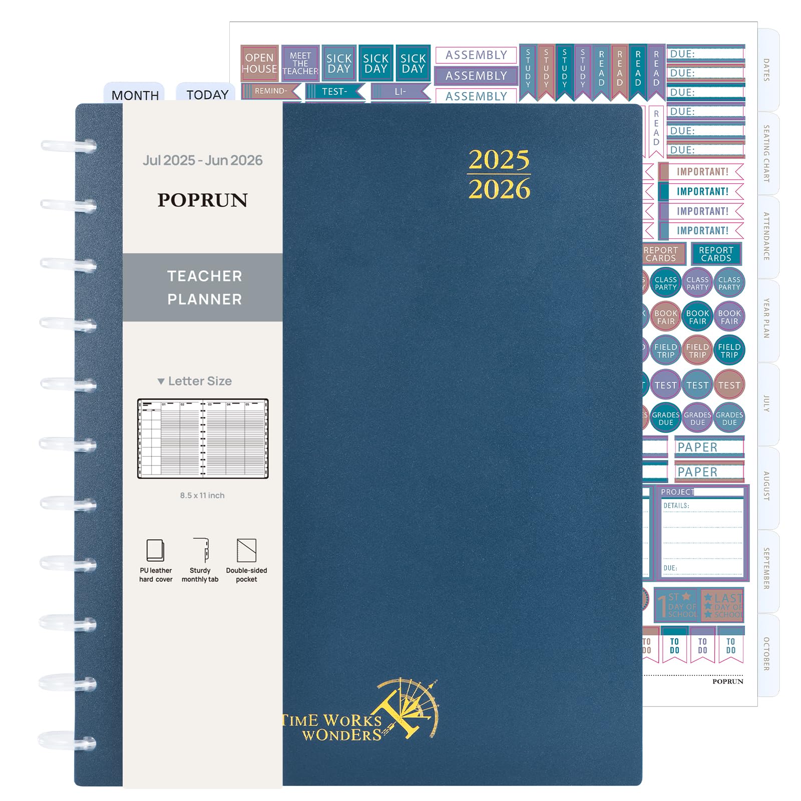Photo 1 of POPRUN Teacher Planner 2025-2026, (Disc-Bound Letter Size - 8.5'' x 11'') Academic Lesson Planner (Jul. 2025 - Jun. 2026) with Monthly Tabs, 2-Sided Pocket, Hardcover for Teachers, Prussian Blue
