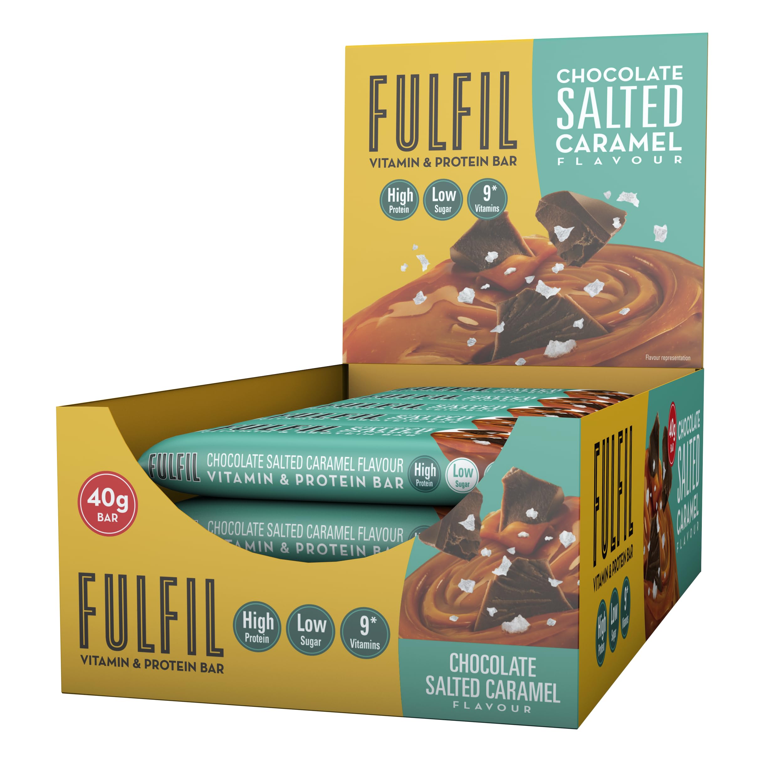 Fulfil Vitamin and Protein Bars (15 x 40g Bars) — Chocolate Salted Caramel Flavour — 15g High Protein; 9 Vitamins; Low Sugar