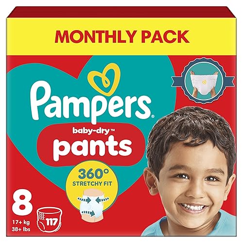 Pampers Baby-Dry Nappy Pants Size 8, 117 Nappies, 17kg+, Monthly Pack, 360° Fit To Help Prevent Gaps And Leaks