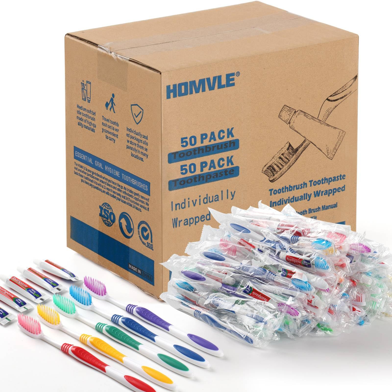 Photo 1 of HOMVLE 50 Packs Individually Wrapped Buld Toothbrush and Toothpaste, Disposable Toothbrush with Toothpaste for Travel Ttoothbrush Toiletries, OCC, Airbnb, Dentist, Office/5 Colorful