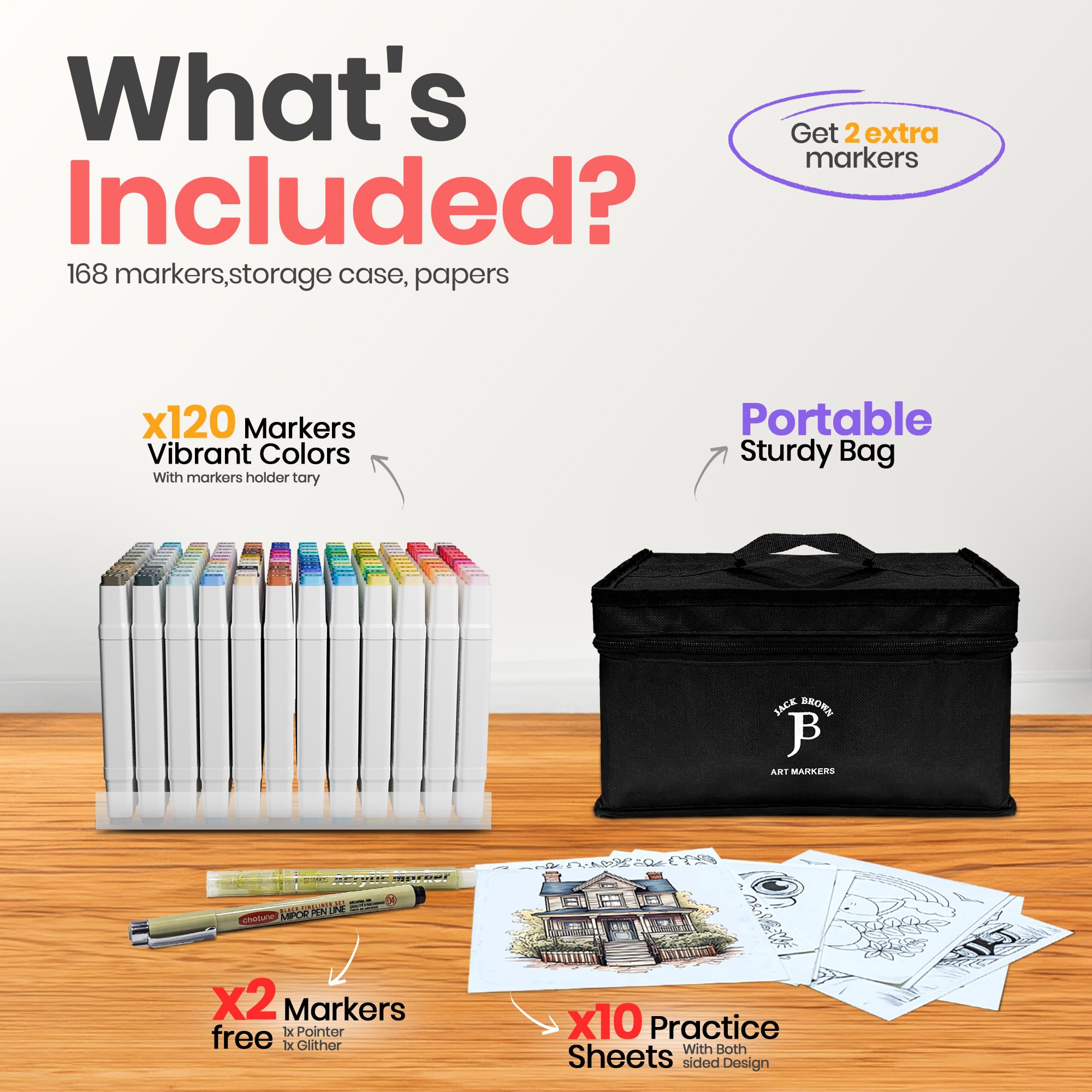 JACK BROWN 120 Colors Alcohol Markers Set with Fine & Chisel Dual Tip - Professional Art Markers for Adults & Kids, Perfect for Drawing, Sketching, Coloring & Animation - Includes Durable Marker Case