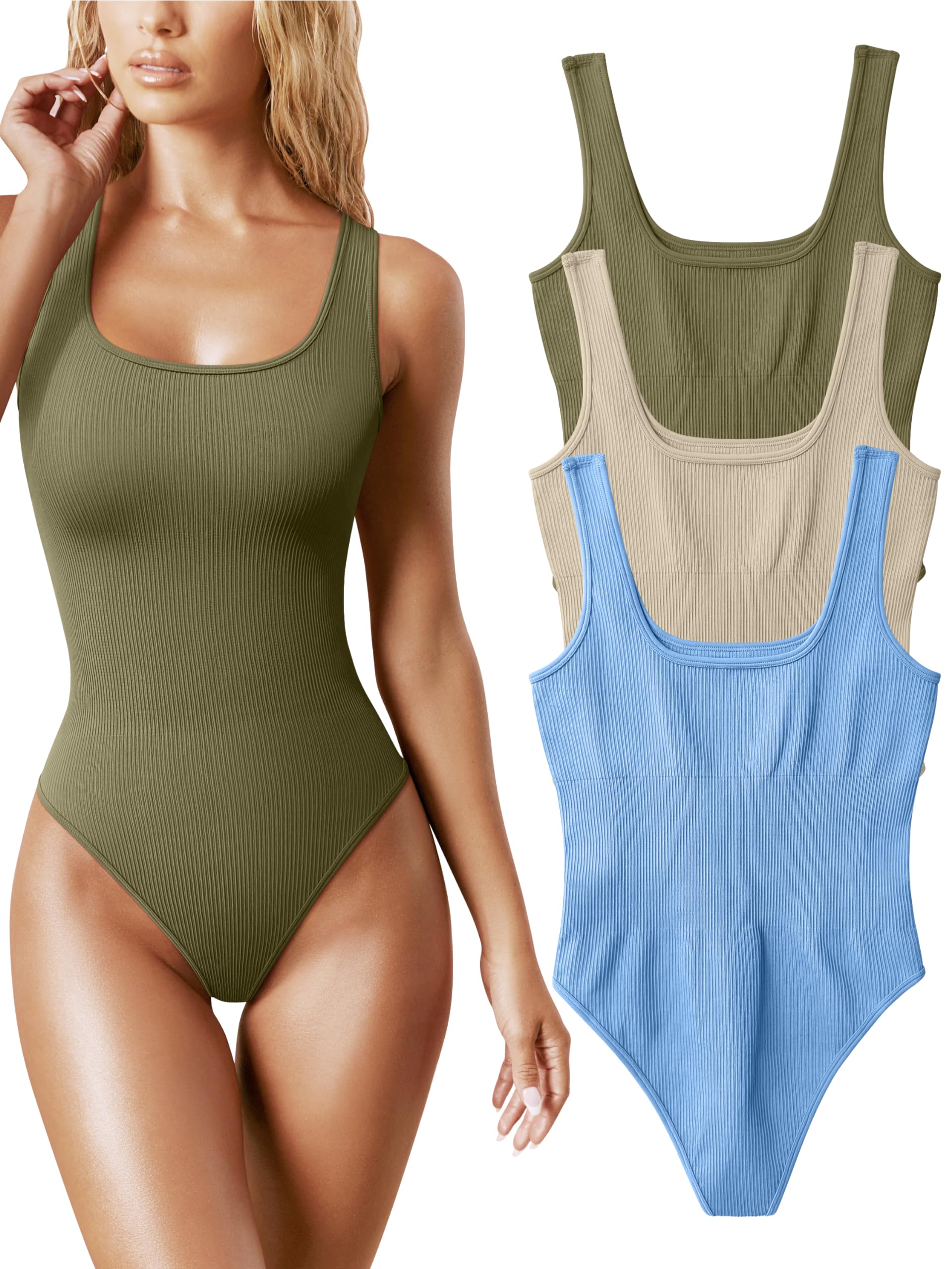 Photo 1 of OQQ Women's 3 Piece Bodysuits Sexy Ribbed Sleeveless Square Neck Tank Tops Leotard 2025 Trendy Outfits Dry rose Sauerkraut Oatmeal Candyblue XL