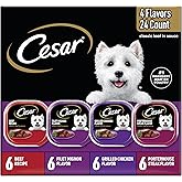Cesar Wet Dog Food Classic Loaf in Sauce, Breakfast and Dinner with Grilled Steak & Eggs Flavor, and Chicken & Liver Flavor, 3.5 oz. Easy Peel Trays, Variety Pack, 24 Count