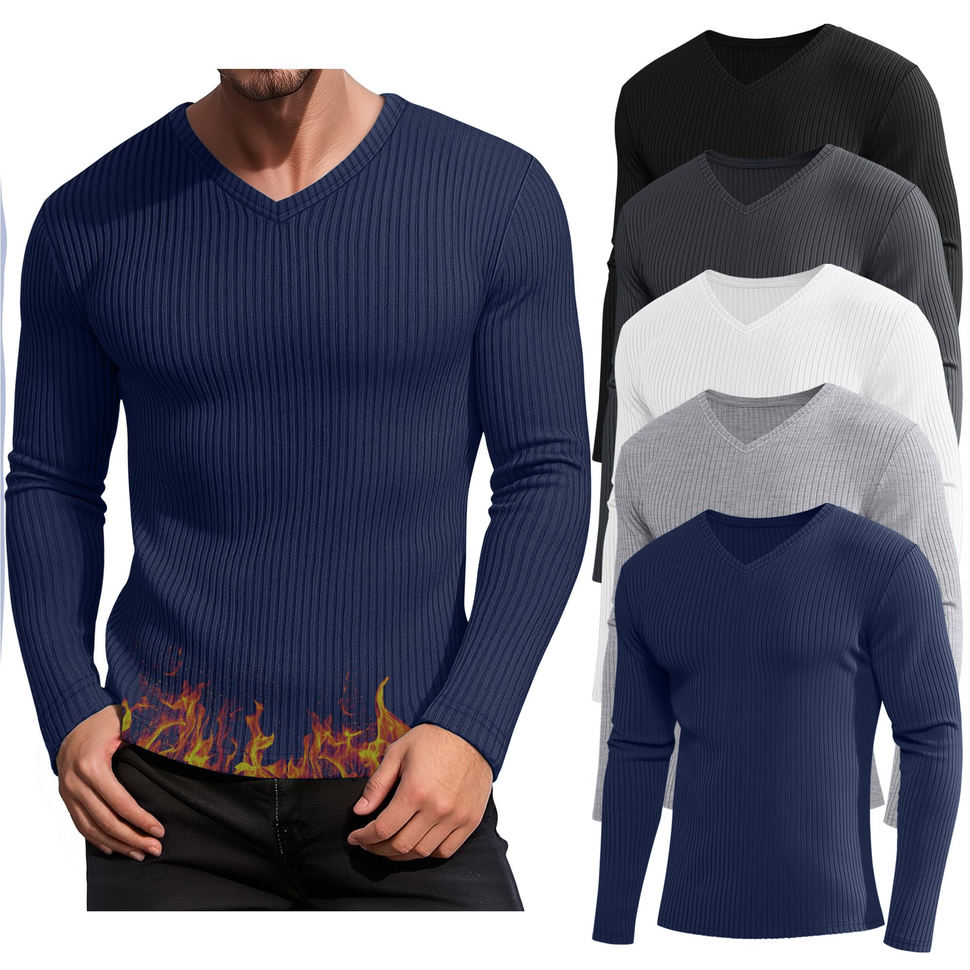 Photo 1 of August Alley 5 Pack Men's Ribbed Thermal Shirts Cotton Long Sleeve V Neck Tops Slim Fit Pullover Undershirt Winter Base Layer(Black, Dark Gray, White, Light Heather Gray, Navy Blue,X-Large)