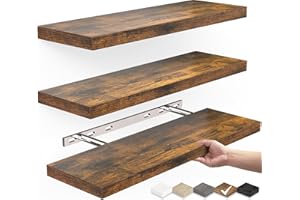 BAYKA Floating Wood Shelves - Wall Mounted for Bathroom,Bedroom,Living Room,Kitchen,Small Hanging Shelf for Books/Storage/Room Decor with 22lbs Capacity(Rustic Brown,Set of 3,15.7inch)