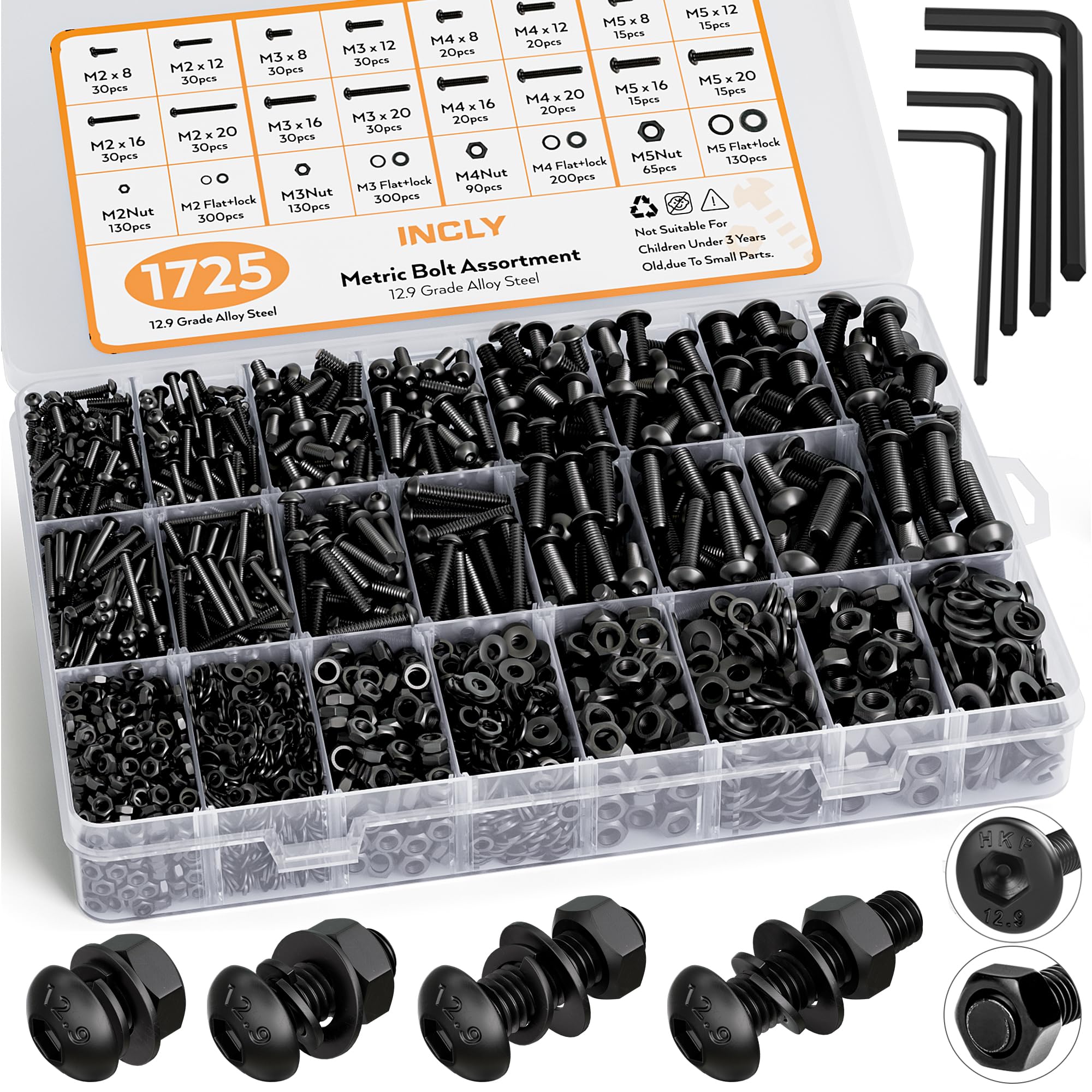 Photo 1 of (incomplete) INCLY 1725PCS Metric Screw Assortment, M2 M3 M4 M5 Machine Screws, Black Nuts and Bolts with Lock & Flat Washers
