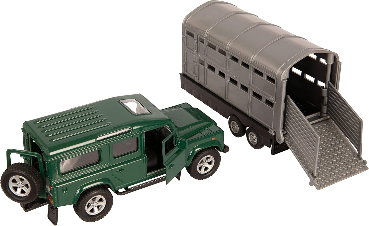 NEW 4X4 GREEN/ RED LAND ROVER CAR WITH SILVER LIVESTOCK TRAILER 1:43 SCALE TEAMSTERS, 5.1 inches