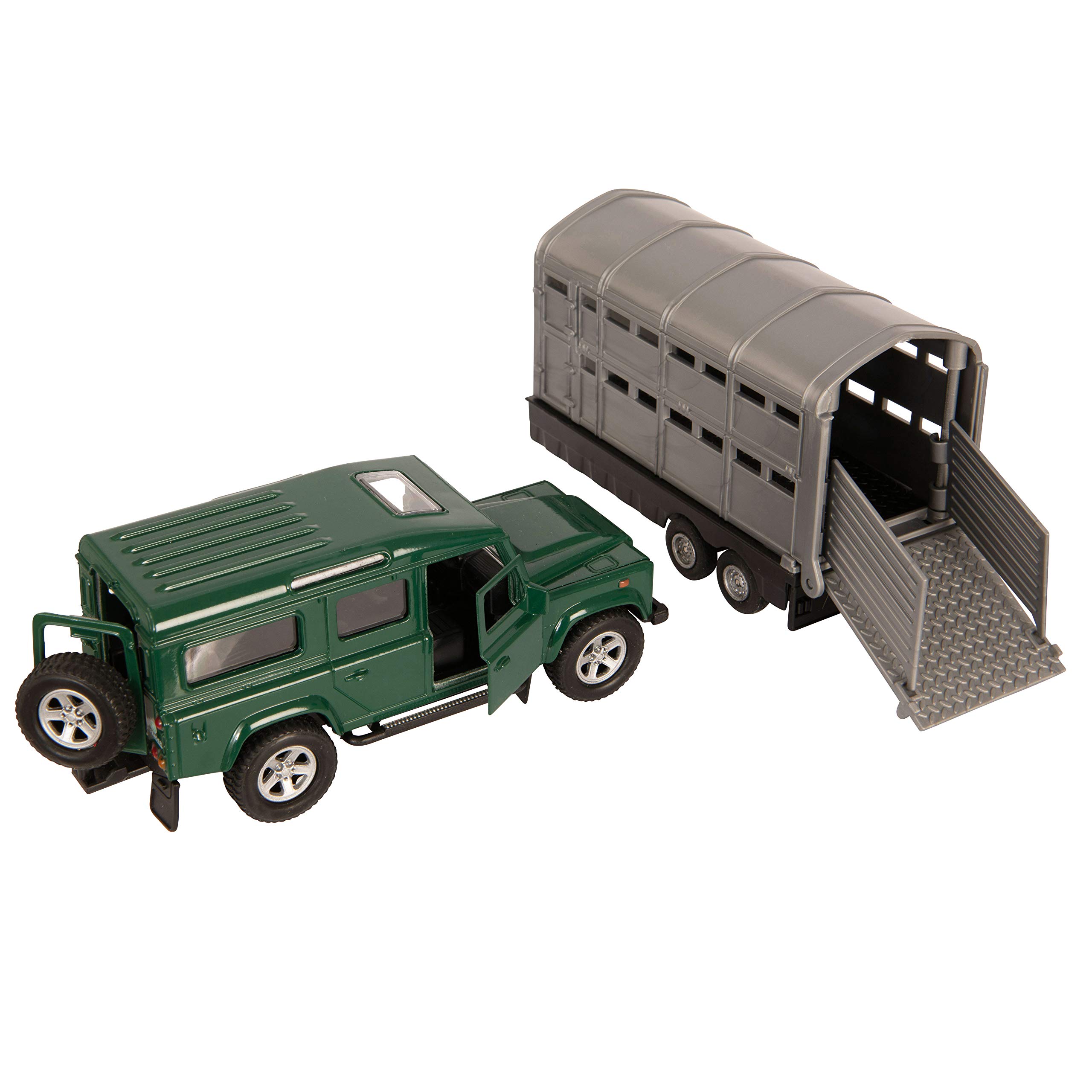NEW 4X4 GREEN/ RED LAND ROVER CAR WITH SILVER LIVESTOCK TRAILER 1:43 SCALE TEAMSTERS
