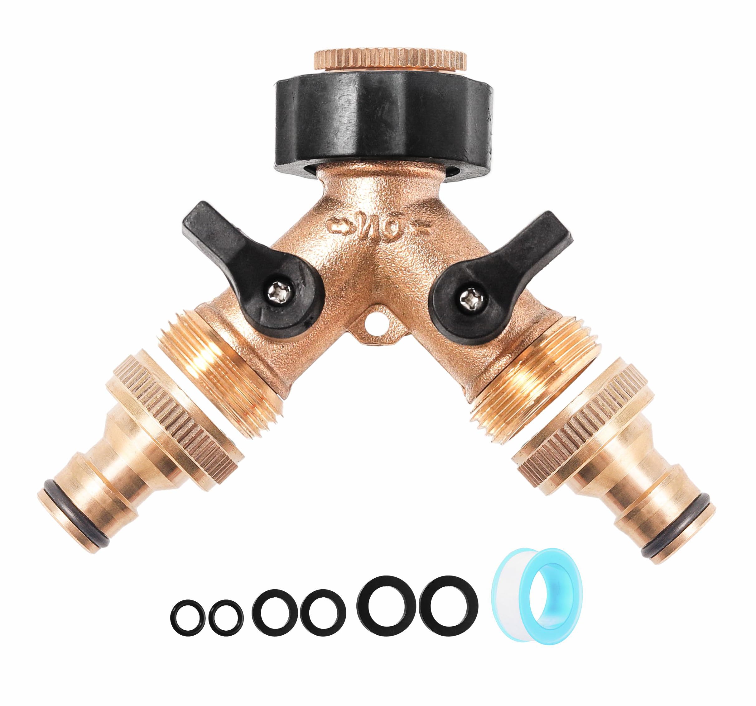 Brass Garden Tap Splitter 2 Way, Heavy-Duty Garden Hose Pipe Splitter with 3/4 Inch BSP Thread, Double Hose Connector for Outdoor Taps, Lawn, Courtyard & Car Washing