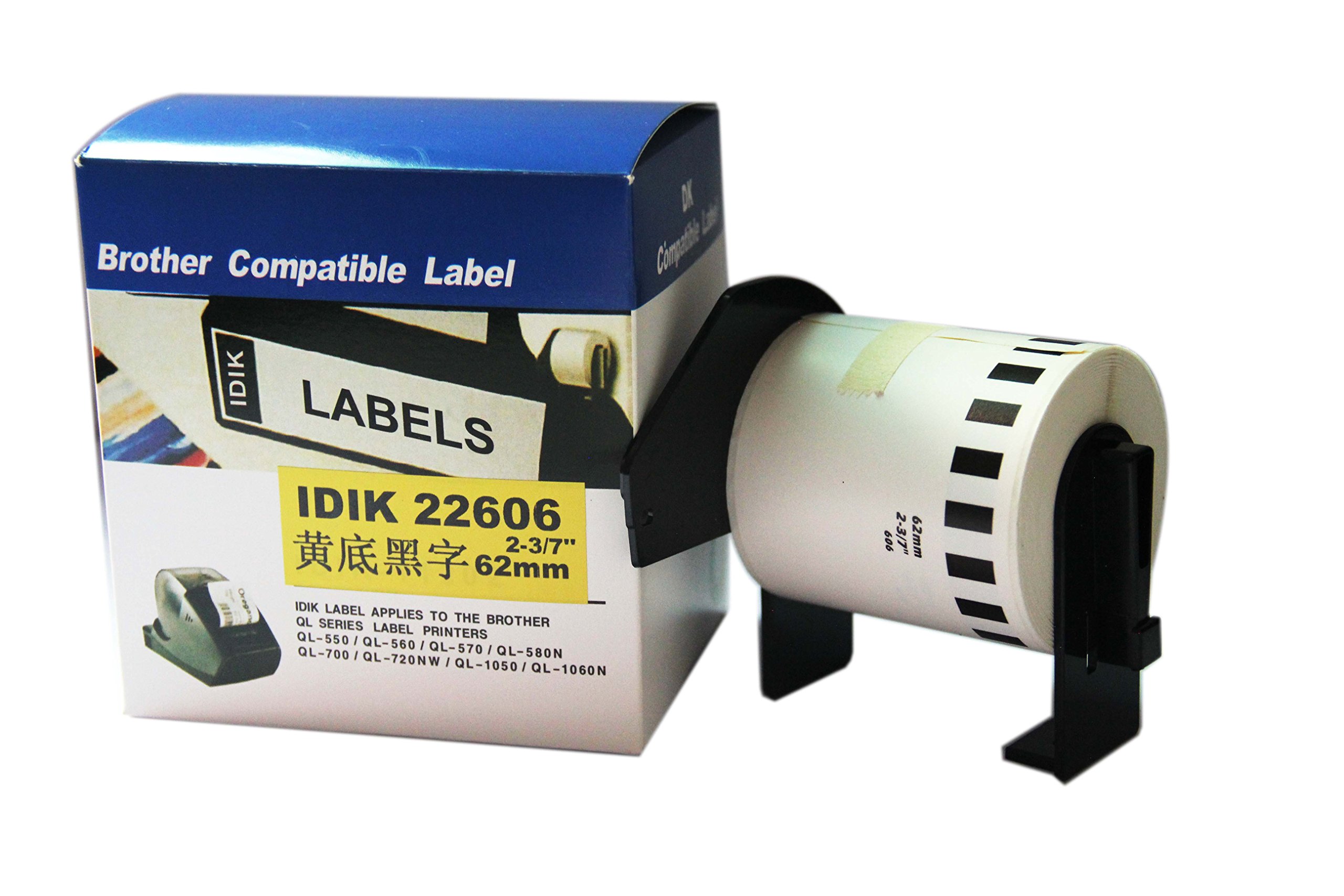 IDIK 22606 Compatible for DK2606 DK-22206 Black on Yellow Film Label Roll with Permanent Cartridge 2.4in x 50ft (62mm x 15.5m/roll)