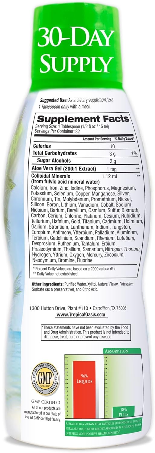 Tropical Oasis - Premium Ionized Plant Based Trace Minerals Liquid Formula- 74 essential minerals in liquid form for up to 96% Absorption - 16 oz, 32 servings: Health & Personal Care