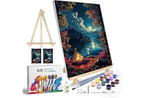 JOOZ Paint by Numbers Kit for Adults with Frame, Landscape Paint by Numbers for Adults, Moon Lake Paint by Number with Easel, DIY Adult Paint by Number Kits Moon for Home Wall Decor 8 x 12 Inch
